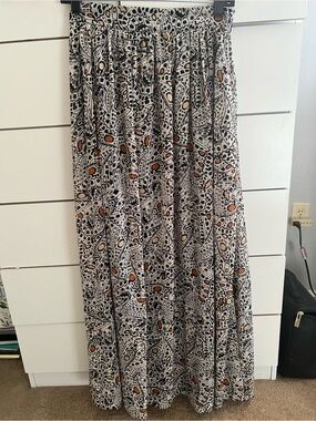 Express Black & White Patterned Maxi Skirt with Orange and Cream Accents